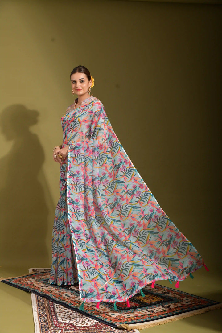 Elegant Linen Digital Printed Saree | Perfect Wedding & Festive Traditional Attire