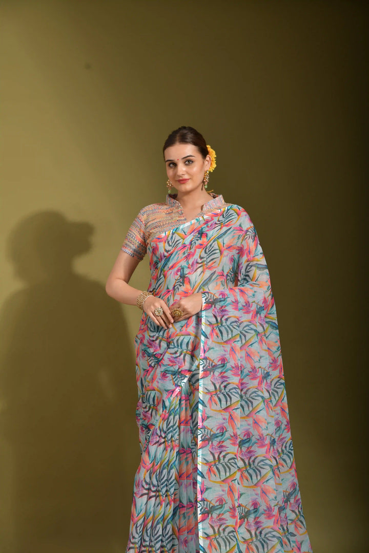 Elegant Linen Digital Printed Saree | Perfect Wedding & Festive Traditional Attire