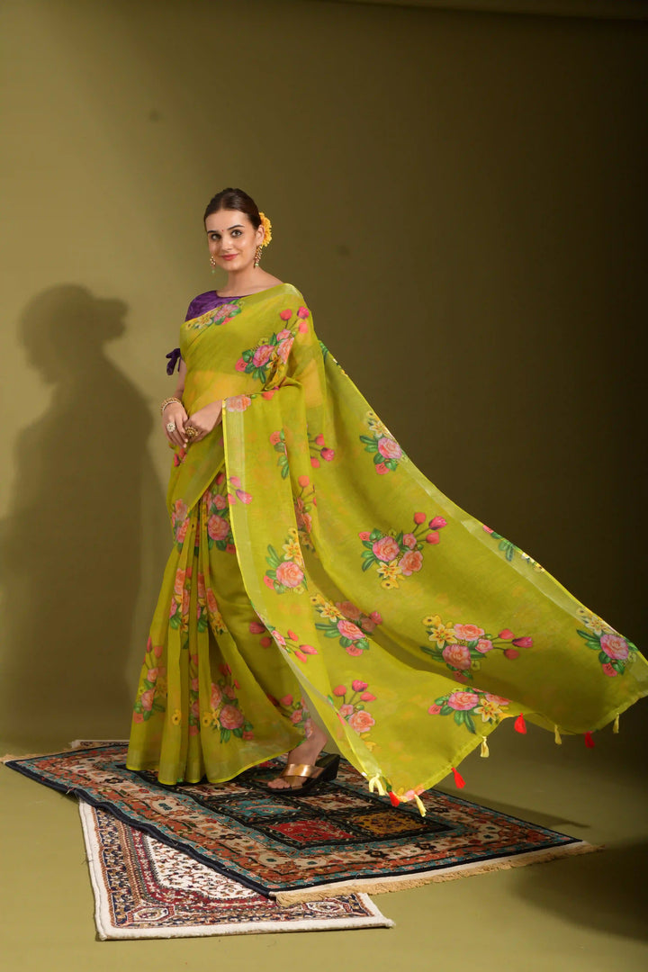 Light Green Linen Saree with Digital Print | Wedding & Festive Essential
