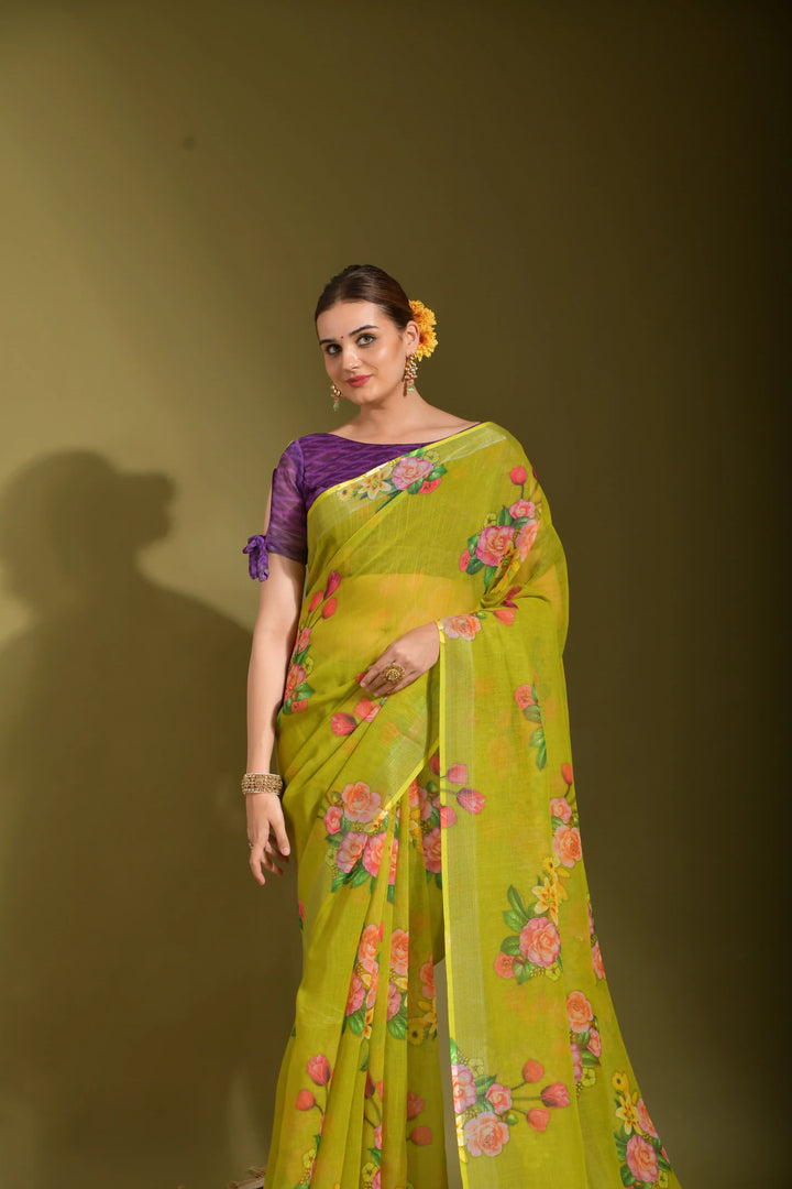 Light Green Linen Saree with Digital Print | Wedding & Festive Essential