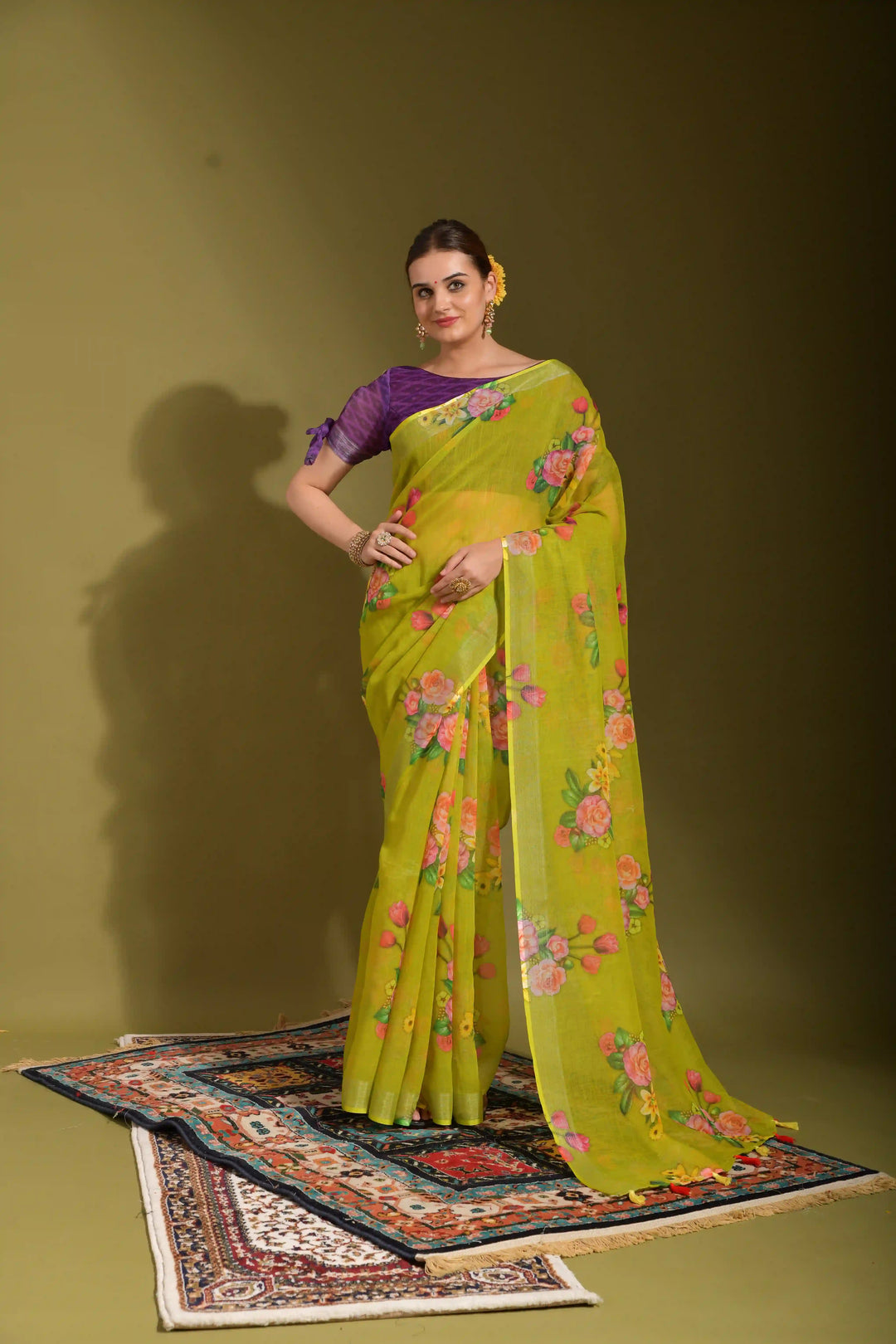 Light Green Linen Saree with Digital Print | Wedding & Festive Essential