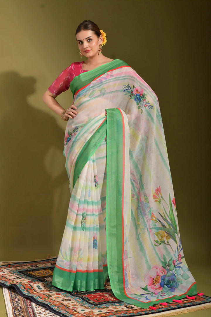Stylish Linen Digital-Printed Saree | Elegant Wedding & Special Event Traditional Wear