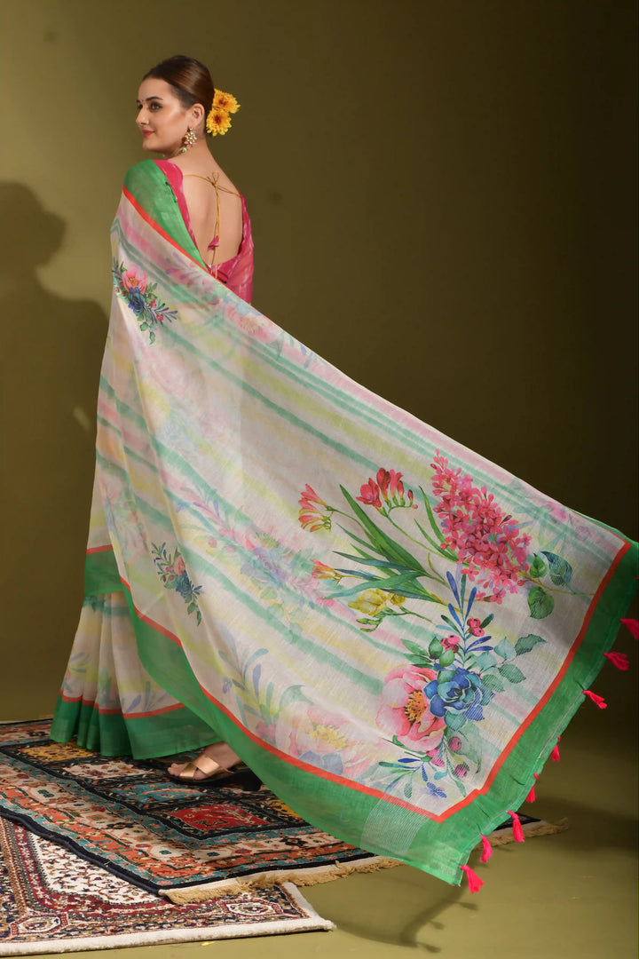 Stylish Linen Digital-Printed Saree | Elegant Wedding & Special Event Traditional Wear