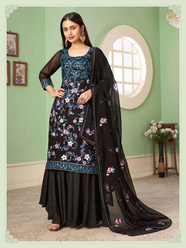 Partywear Palazzo Suit | Heavy Embroidered Georgette Set with Sequins Work