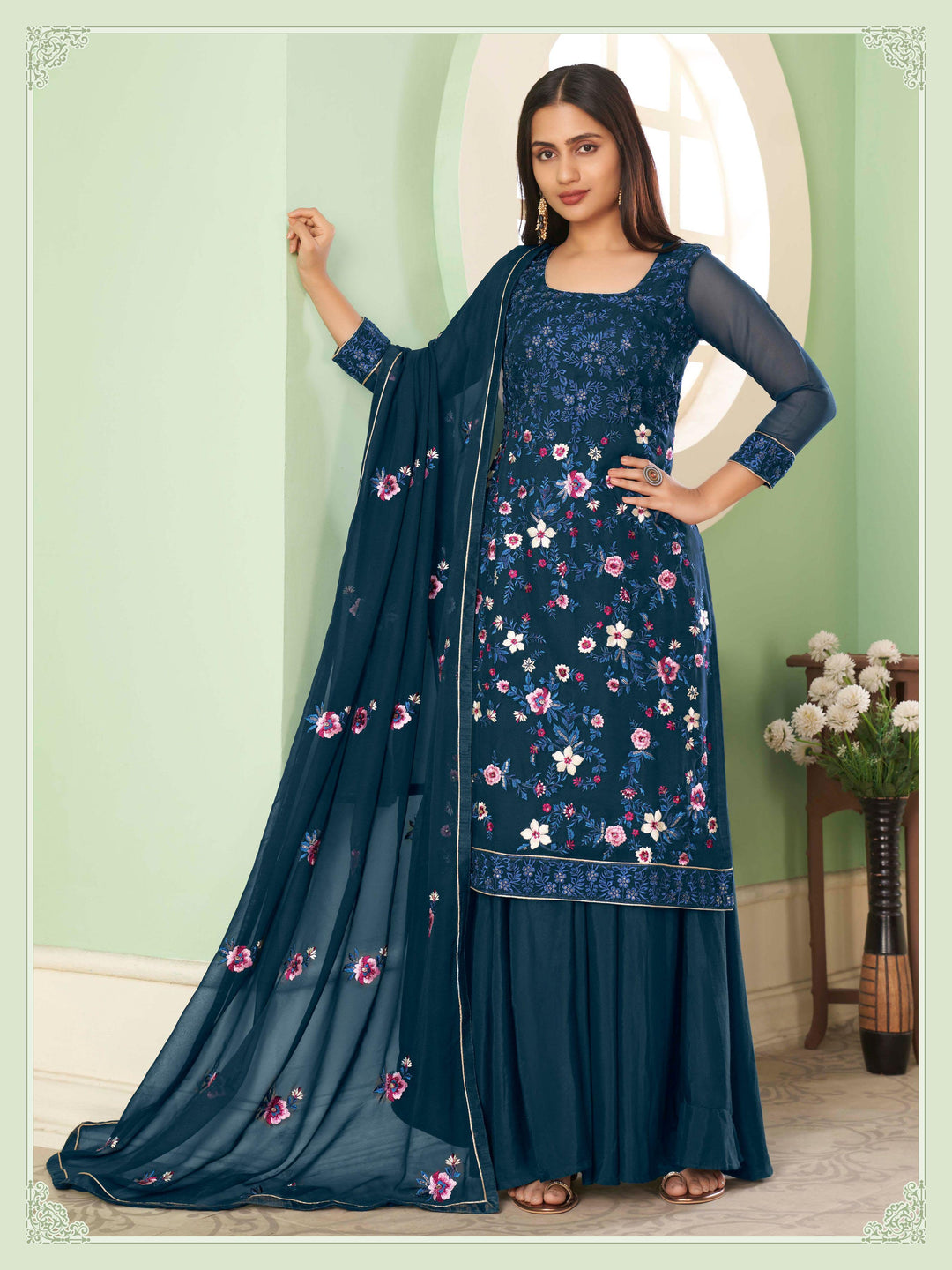 Partywear Palazzo Suit | Heavy Embroidered Georgette Set with Sequins Work
