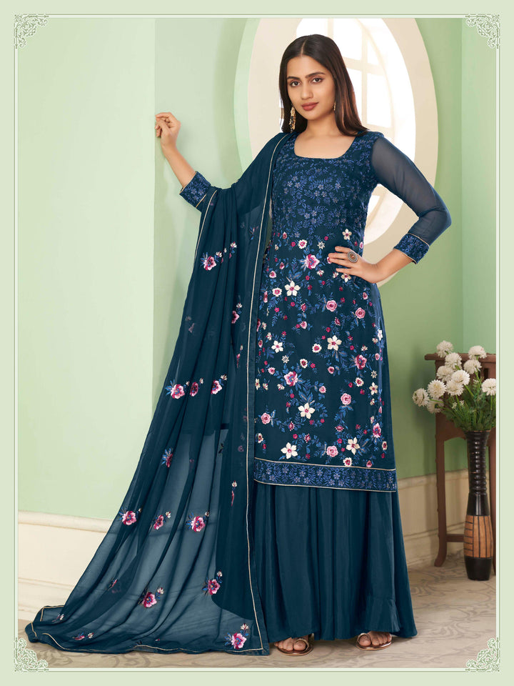 Partywear Palazzo Suit | Heavy Embroidered Georgette Set with Sequins Work