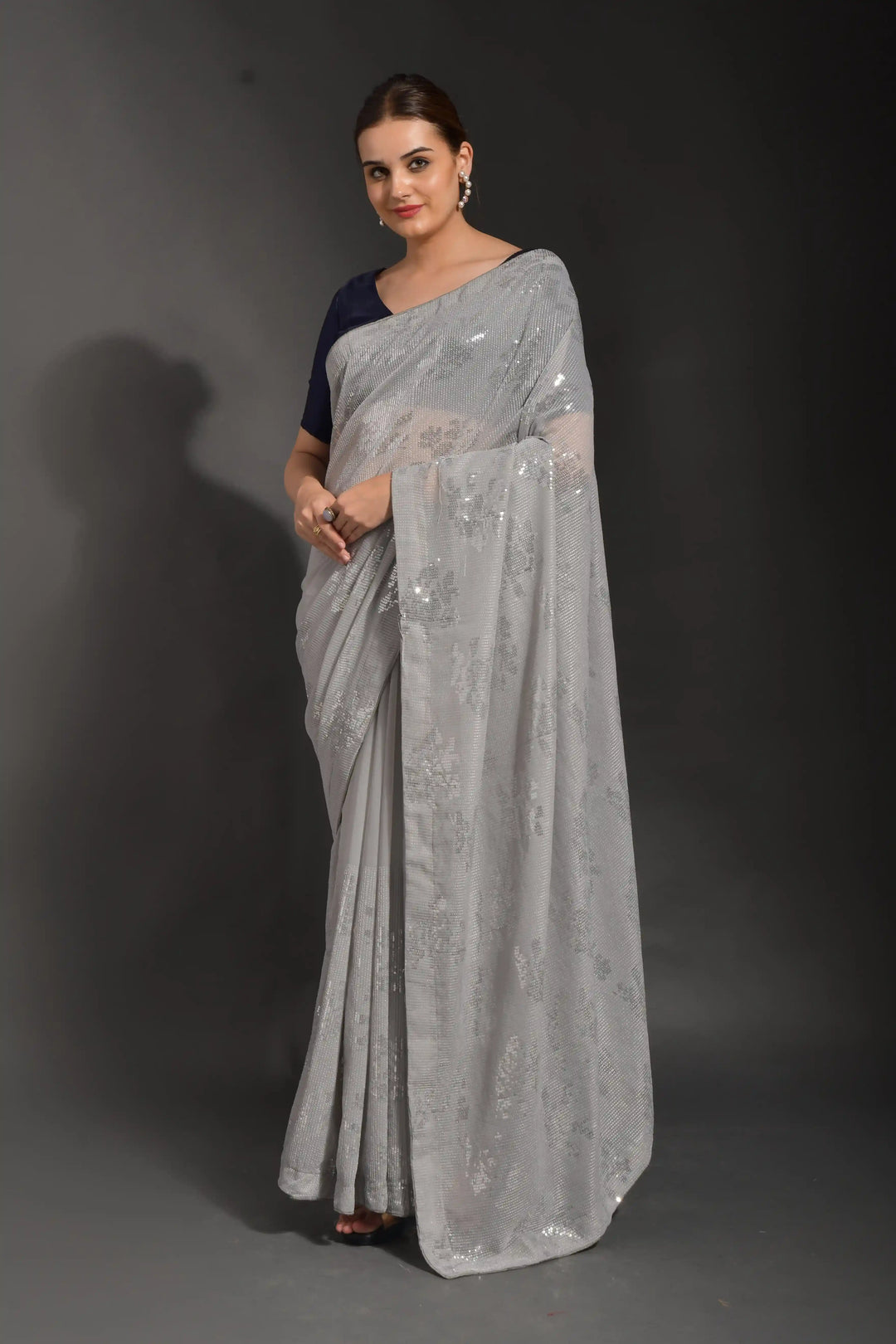 Luxurious Gray Georgette Saree with Blue Blouse | Elegance Redefined for Weddings