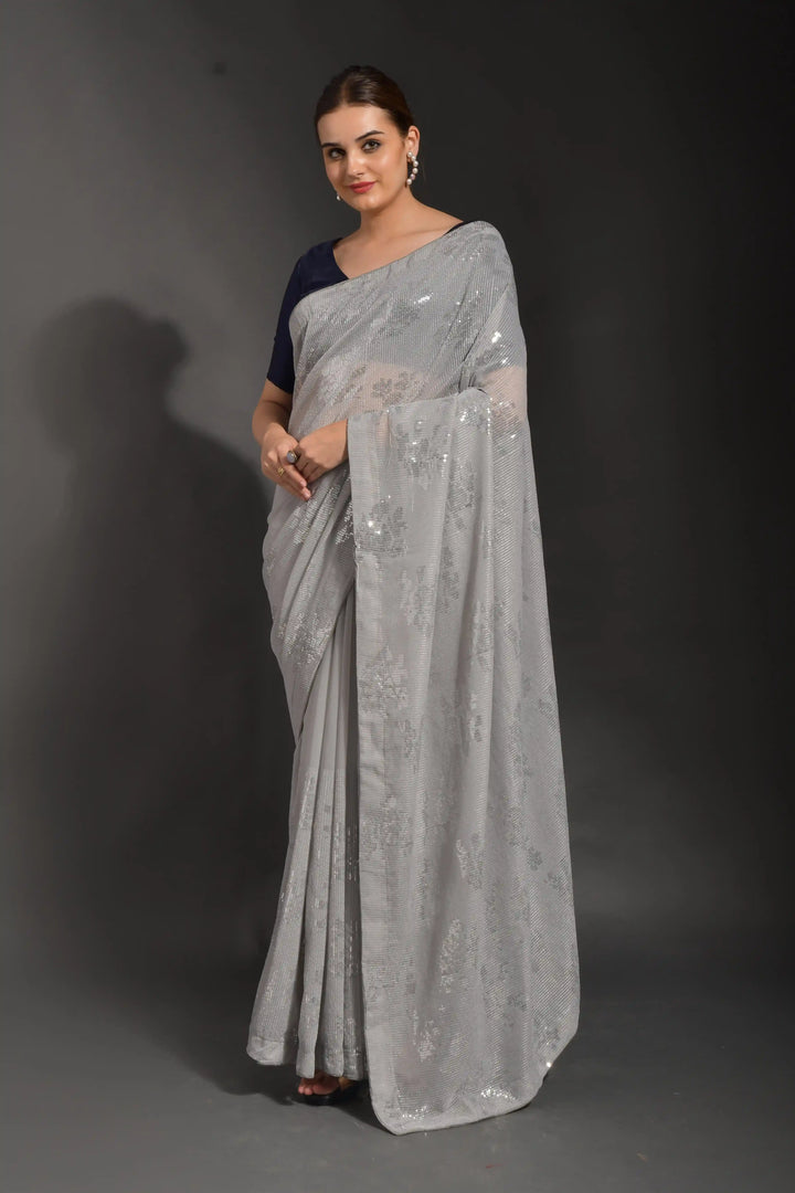 Luxurious Gray Georgette Saree with Blue Blouse | Elegance Redefined for Weddings