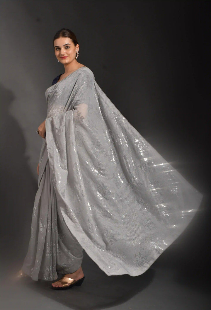 Luxurious Gray Georgette Saree with Blue Blouse | Elegance Redefined for Weddings