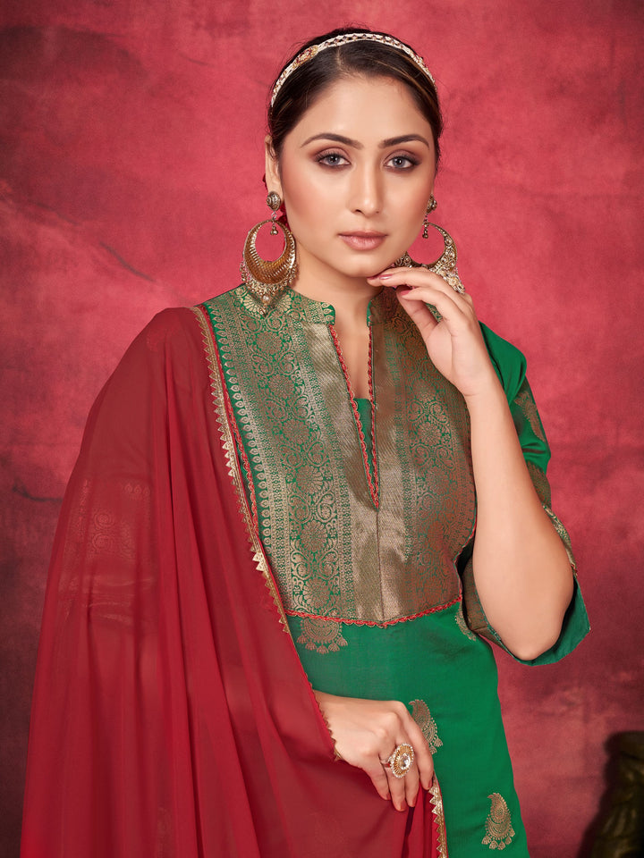 Designer Green Palazzo Suit with Silk Finish & Subtle Shine