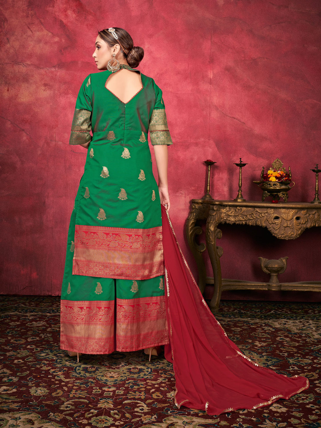 Designer Green Palazzo Suit with Silk Finish & Subtle Shine