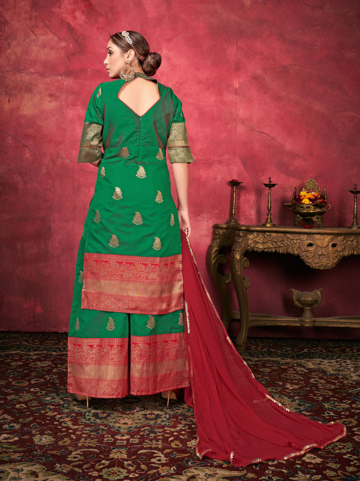 Designer Green Palazzo Suit with Silk Finish & Subtle Shine