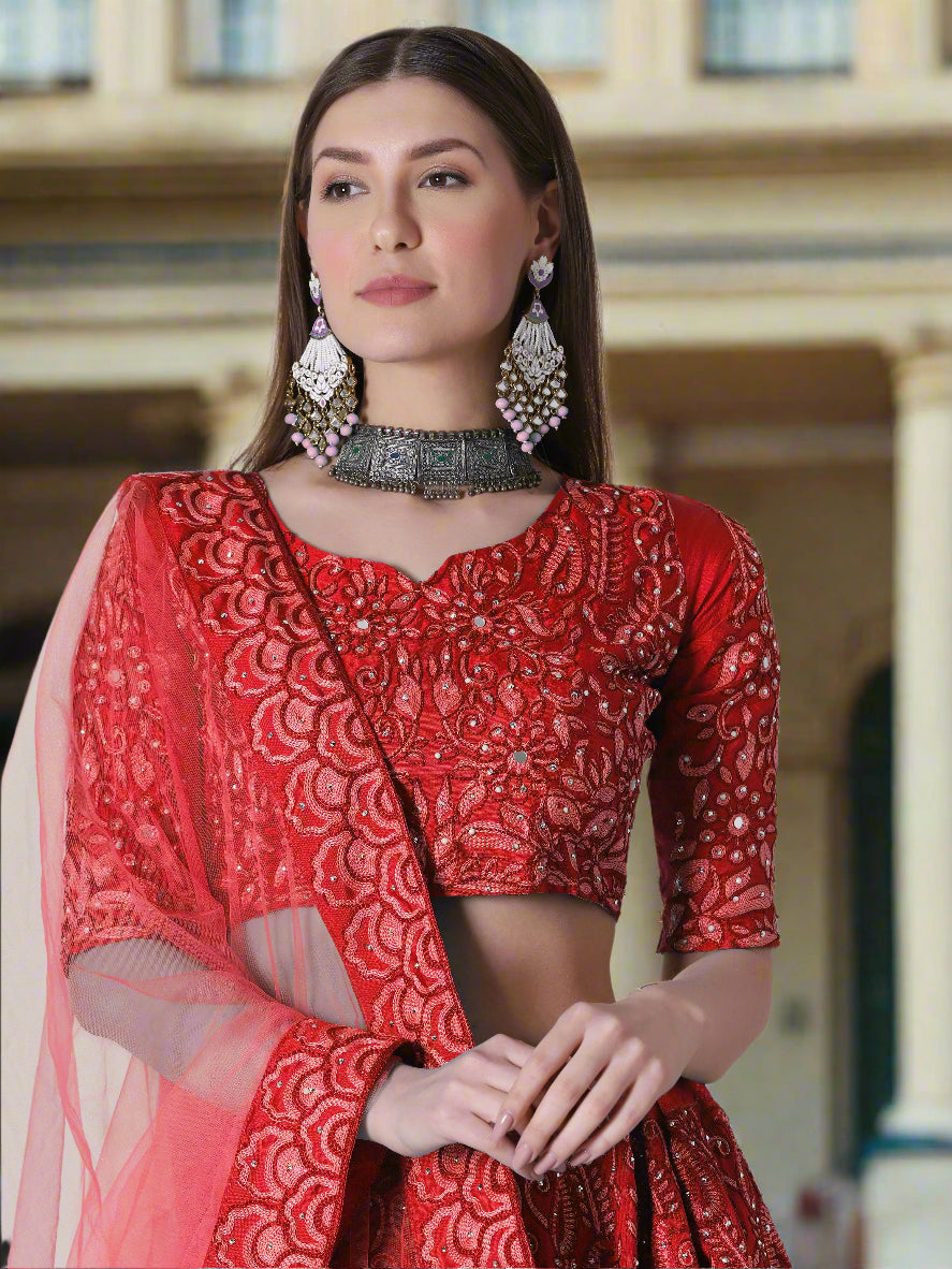 Designer Embroidered Tafetta Silk Lehenga | Wedding & Party Wear