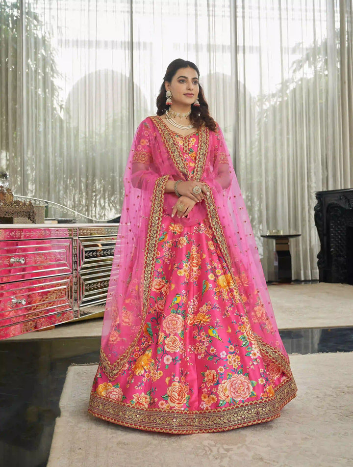 Art-Silk Digital Printed Lehenga | Dori, Sequins & Stone Work for Bridal