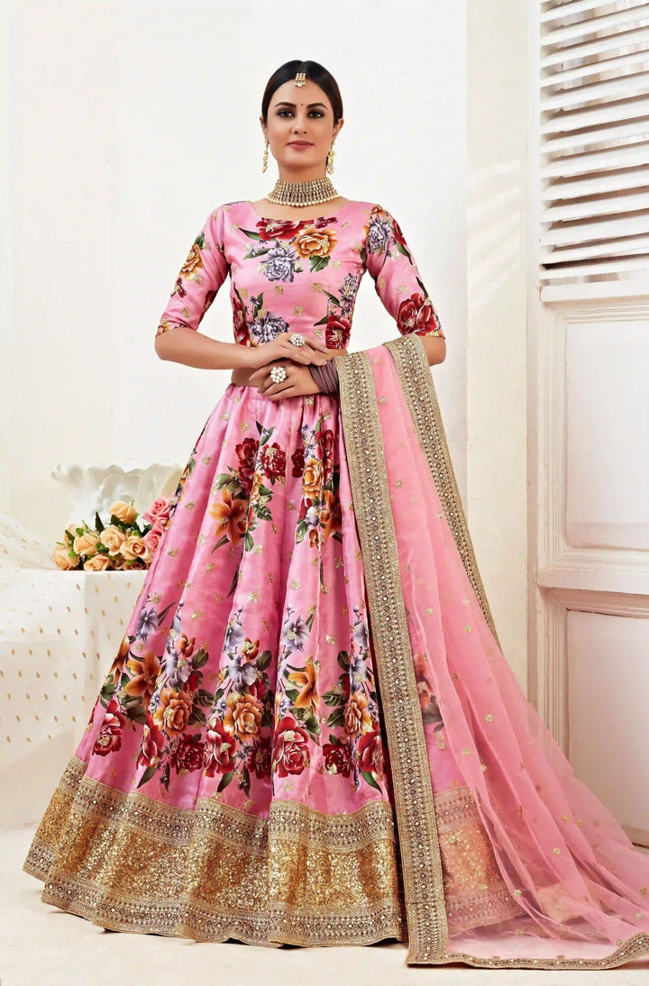 Floral Print Banglori Silk Lehenga | Elegant Dori & Jari Work for Events