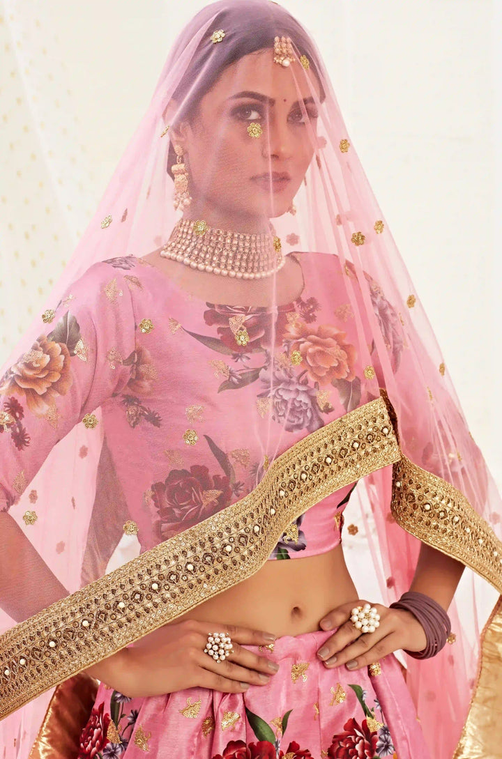 Floral Print Banglori Silk Lehenga | Elegant Dori & Jari Work for Events