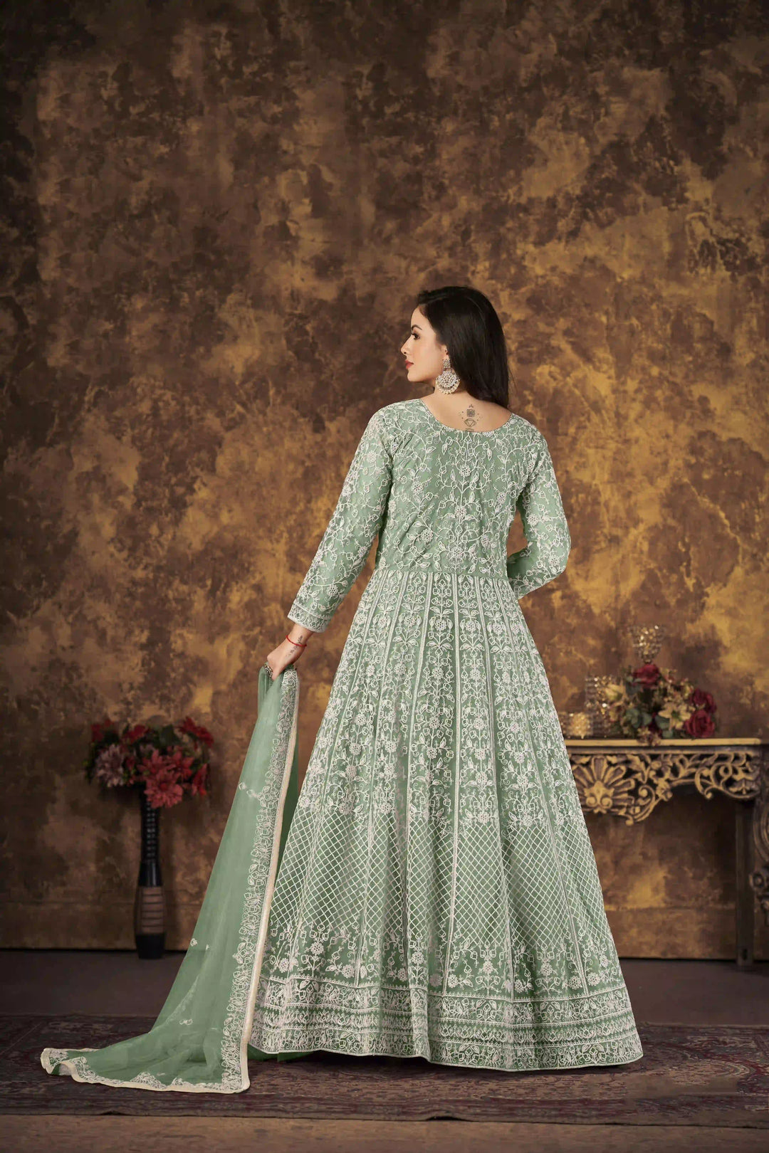 Stylish Net Anarkali Suit | Designer Thread Embroidery with Santoon Bottom