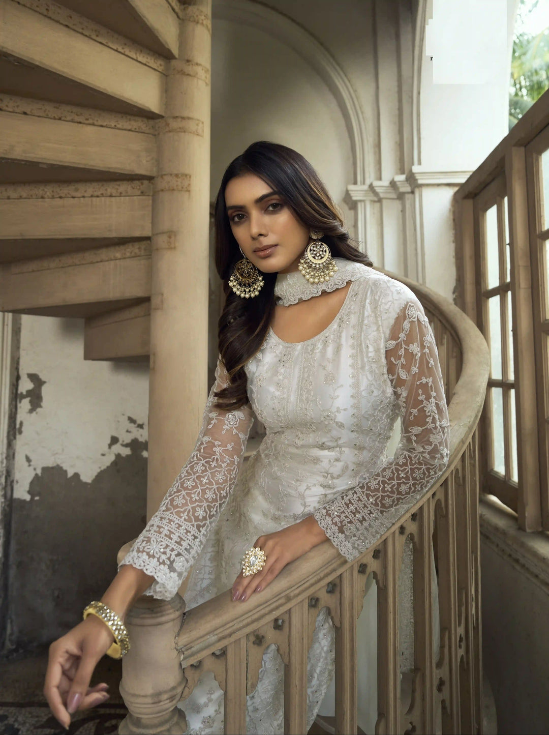 Designer White Butterfly Net Salwar Suit | Embellished with Fine Embroidery Work