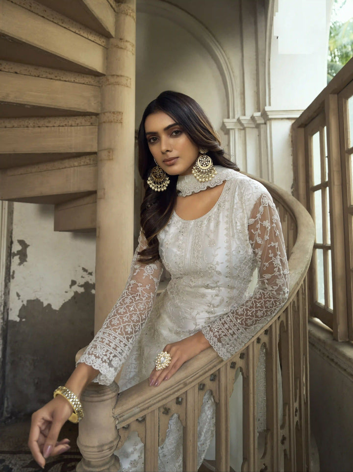 Designer White Butterfly Net Salwar Suit | Embellished with Fine Embroidery Work