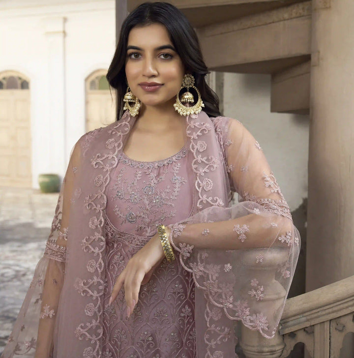Dusty Pink Embroidered salwar Suit | Butterfly Net with Dupatta for Festive Look
