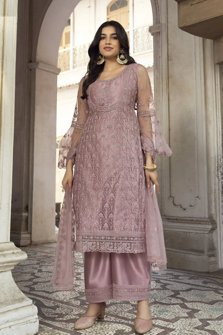 Dusty Pink Embroidered salwar Suit | Butterfly Net with Dupatta for Festive Look