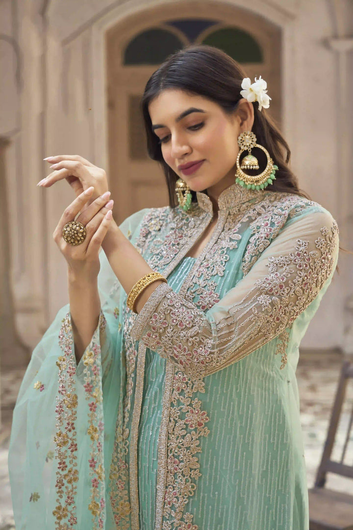 Sea Green Butterfly Net Designer Suit | Heavy Embroidery Paired  For party wear