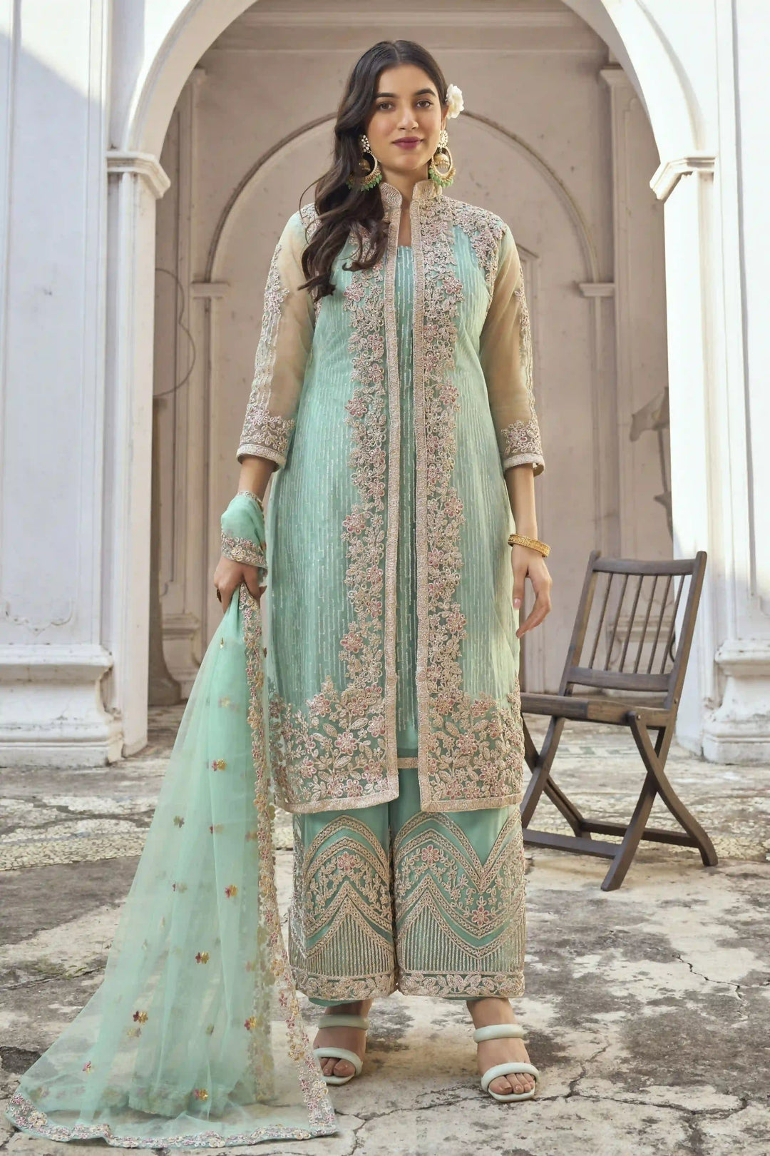 Sea Green Butterfly Net Designer Suit | Heavy Embroidery Paired  For party wear