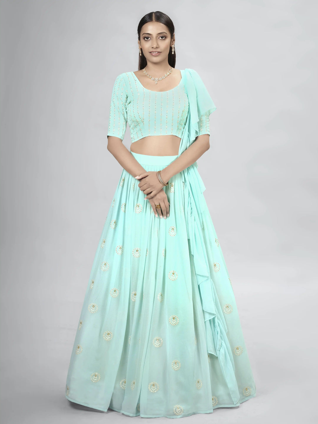 Radiant Turquoise Georgette Lehenga with Turquoise Dupatta | Crafted for Timeless Elegance