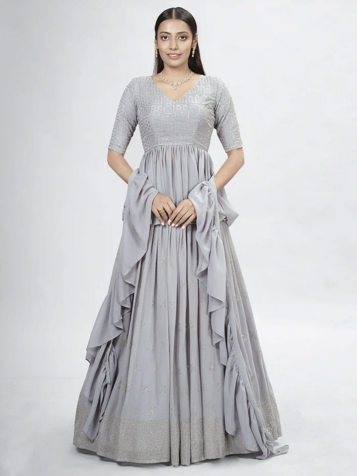 Gray Georgette Lehenga Choli | Thread, Sequence & Mukaish Embroidery Work