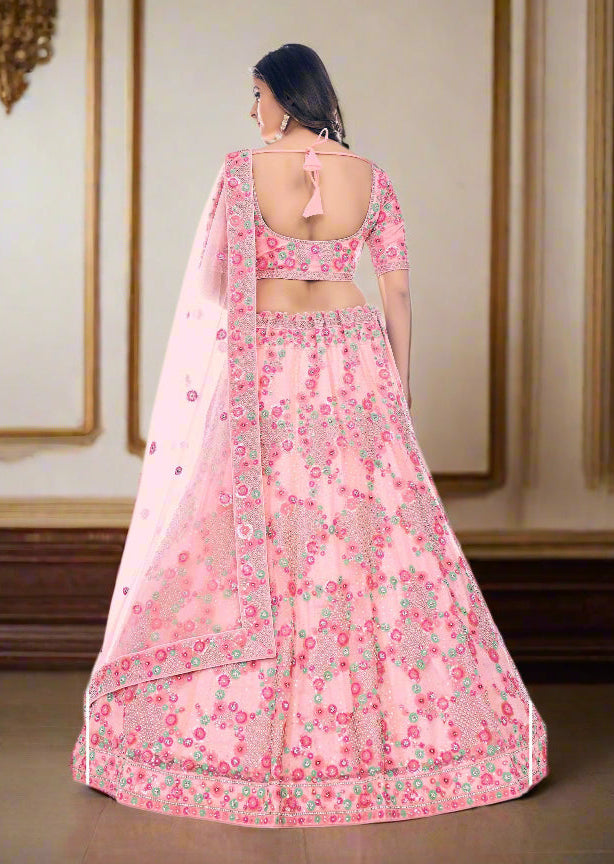 Elegant Peach Lehenga Choli | Soft Net Fabric with Sequence & Zarkan Work