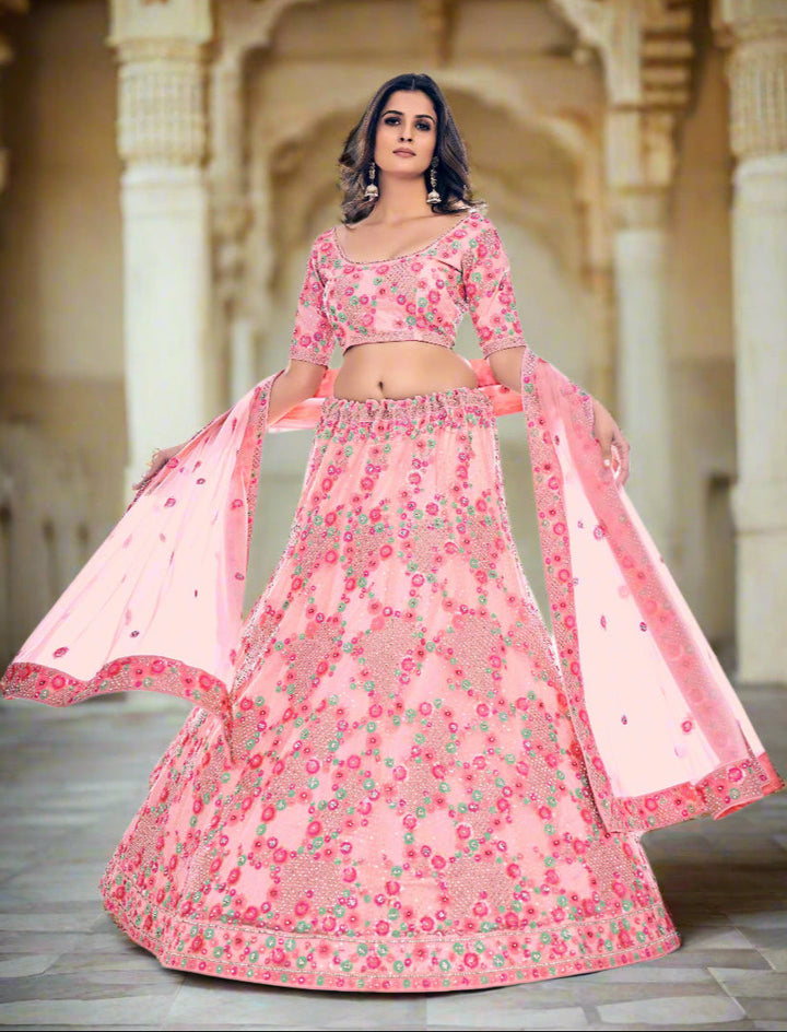 Elegant Peach Lehenga Choli | Soft Net Fabric with Sequence & Zarkan Work