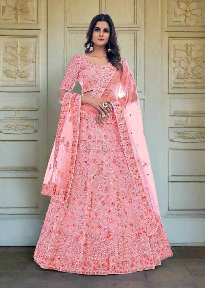 Elegant Pink Lehenga | Dori & Thread Embroidered Soft Net with Zarkan Dupatta