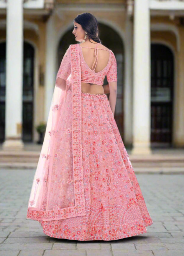 Elegant Pink Lehenga | Dori & Thread Embroidered Soft Net with Zarkan Dupatta