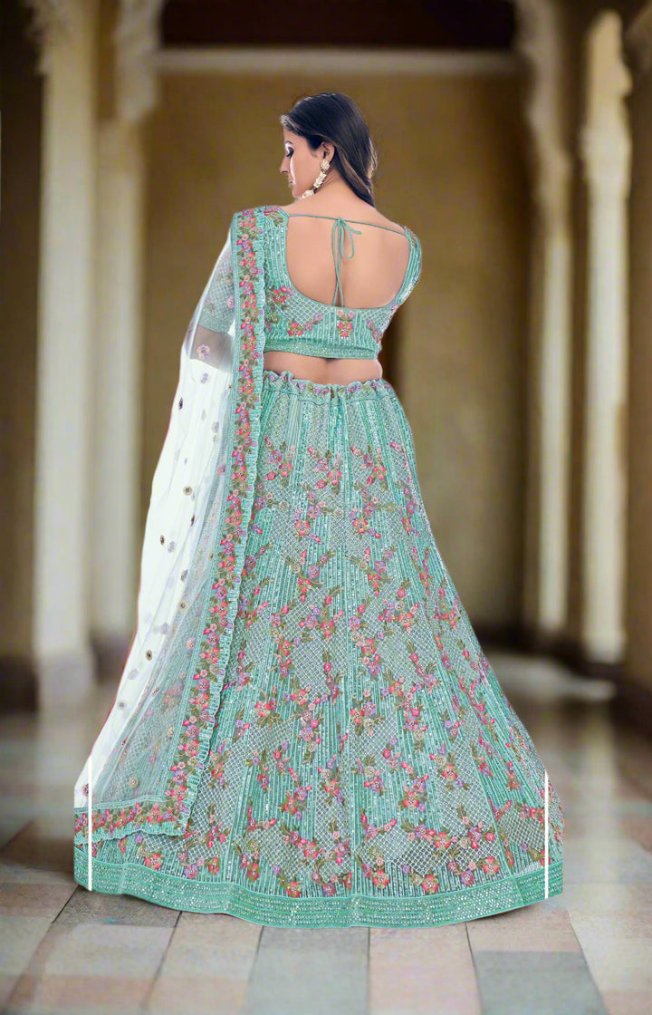 Elegant Sea Green Lehenga Choli | Soft Net Fabric with Sequins & Thread Embroidery