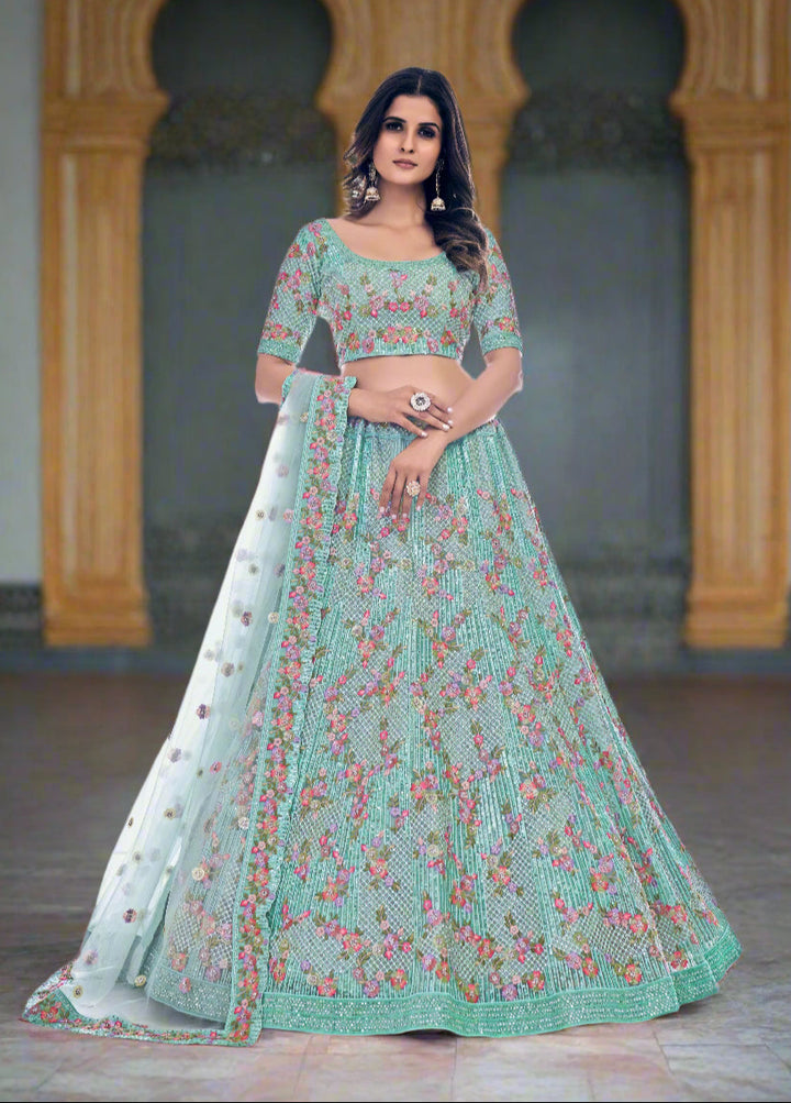 Elegant Sea Green Lehenga Choli | Soft Net Fabric with Sequins & Thread Embroidery
