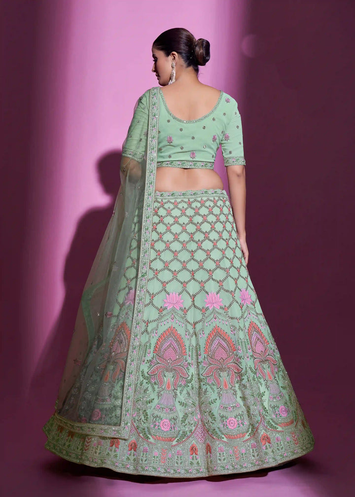 Pista Green Georgette Lehenga Choli | Soft Net Dupatta with Stone Embroidery