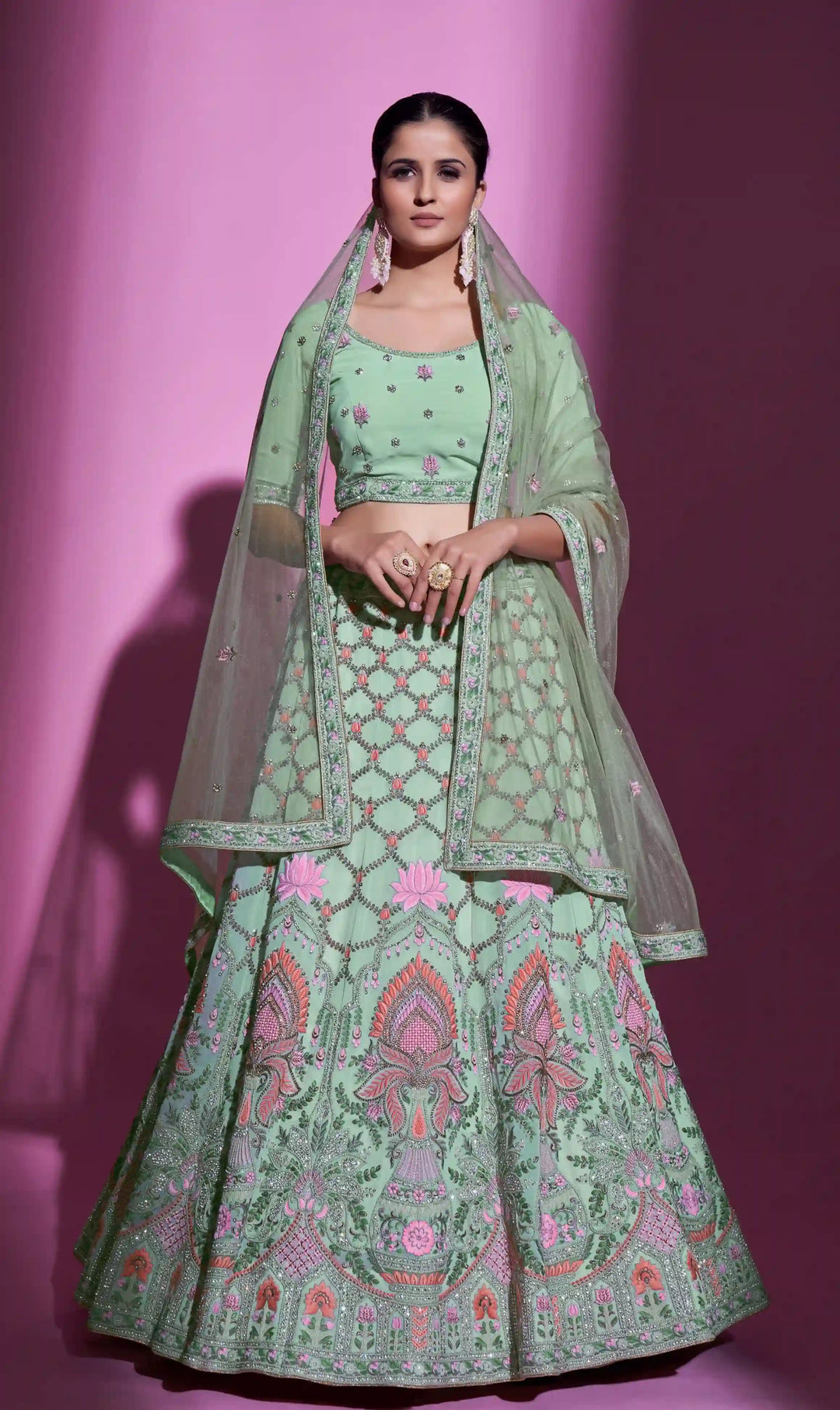 Pista Green Georgette Lehenga Choli | Soft Net Dupatta with Stone Embroidery