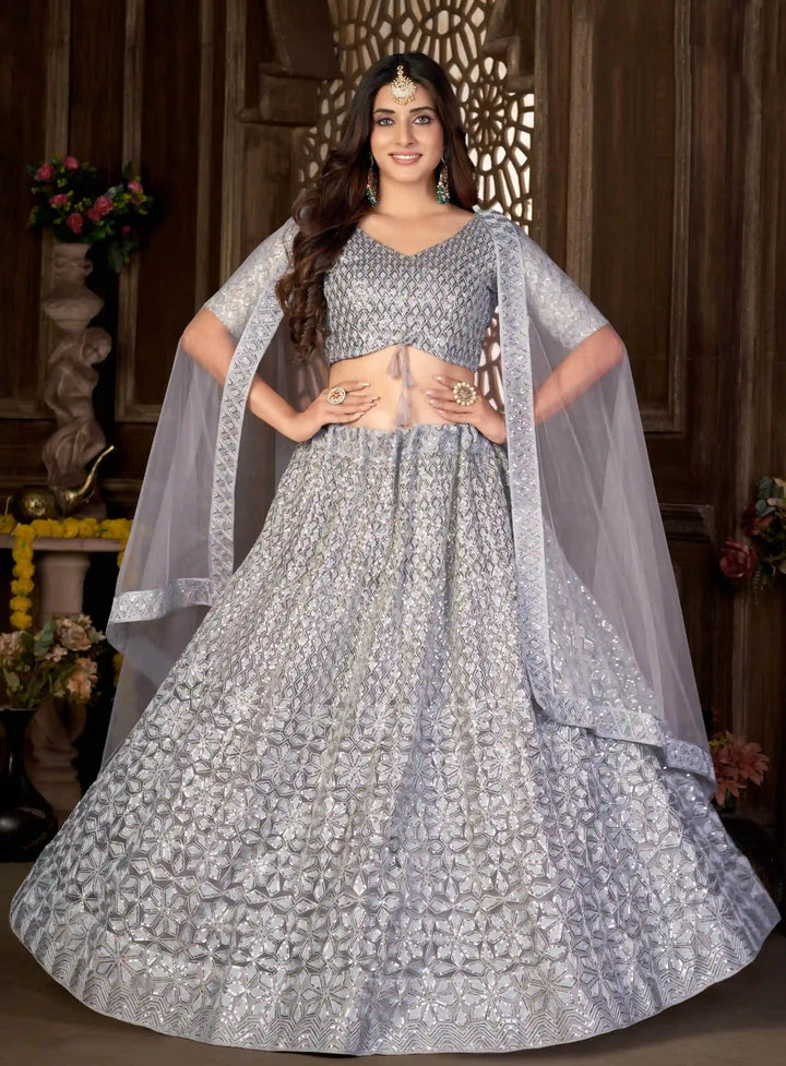 Elegant Net Lehenga with Thread and Sequin Embroidery for Weddings | Bridal Attire