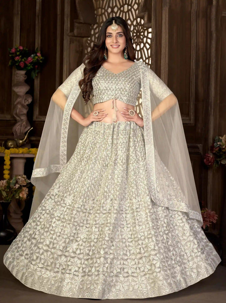 Elegant Net Lehenga with Thread and Sequin Embroidery for Weddings | Bridal Attire