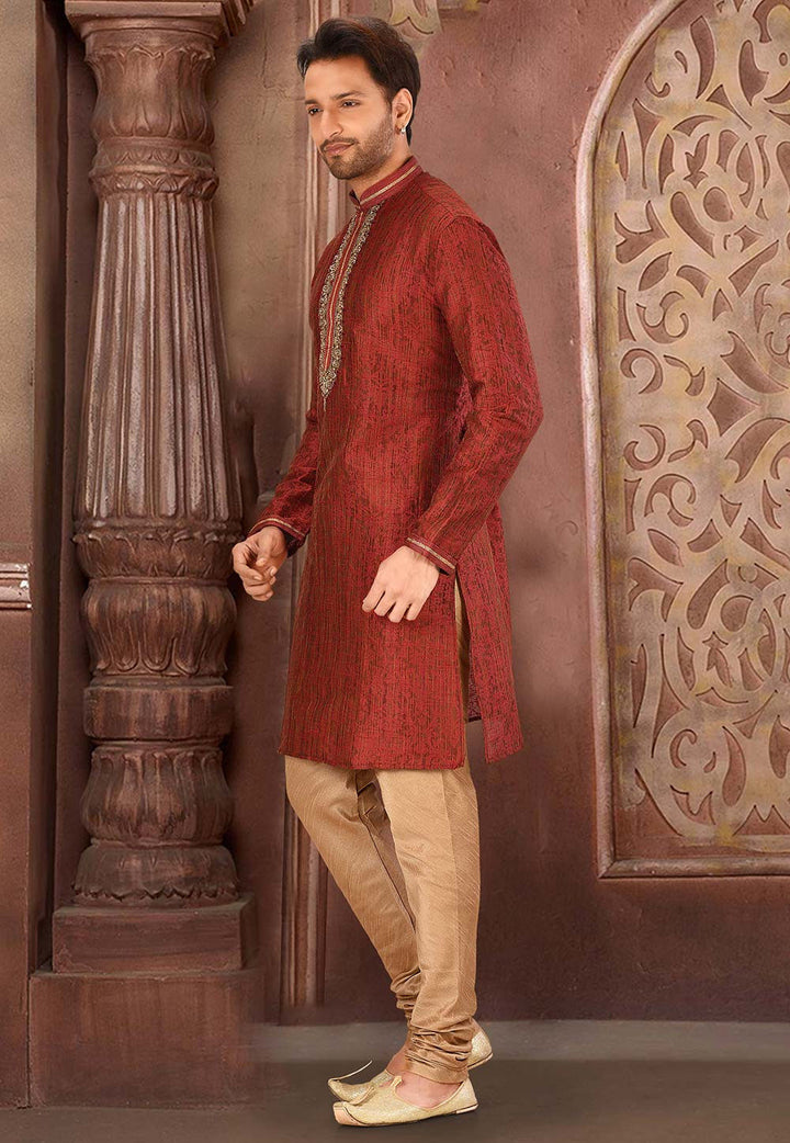 Red Jameywar Kurta Pajama Set | Art Silk Jardosi & Resham Work