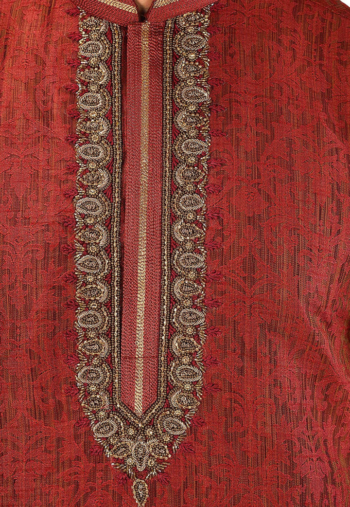 Red Jameywar Kurta Pajama Set | Art Silk Jardosi & Resham Work