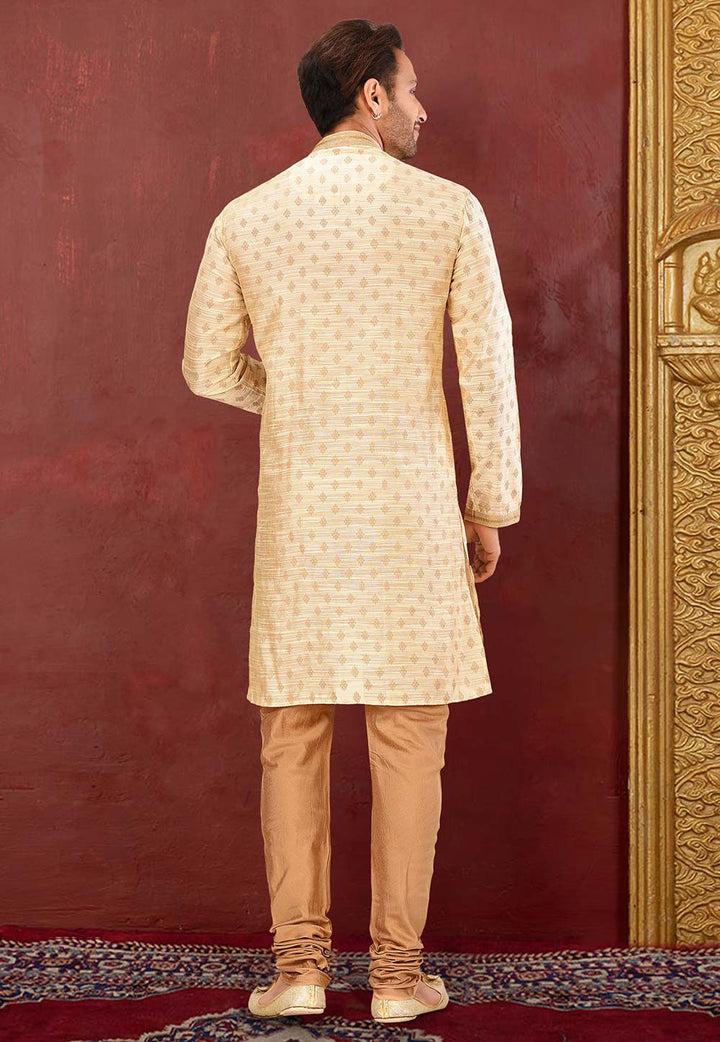 Light Yellow Lenin Kurta Pajama Set | Art Silk Jardosi & Resham Work