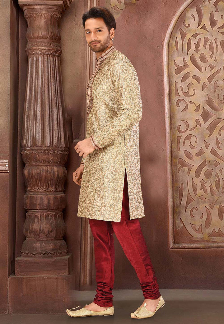Designer Beige Kurta Pajama Set | Embroidered Art Silk Set for Men