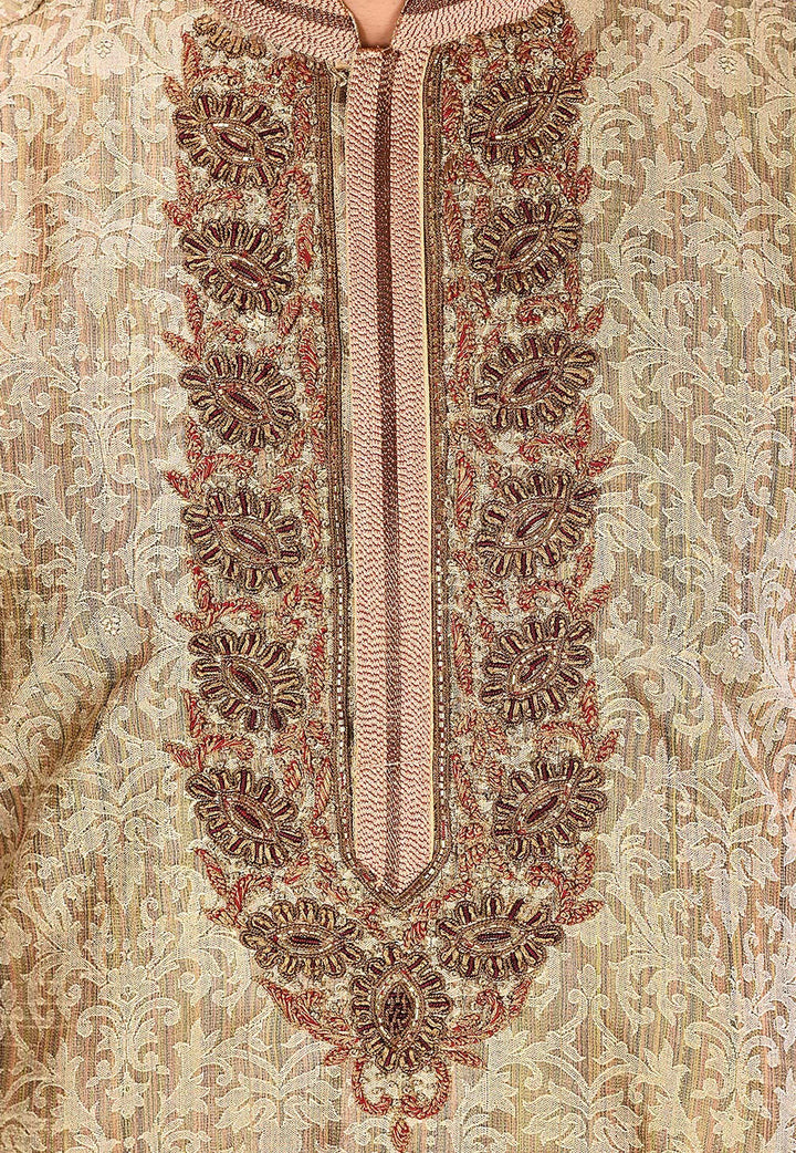 Designer Beige Kurta Pajama Set | Embroidered Art Silk Set for Men