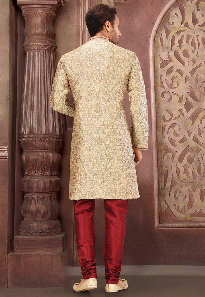 Designer Beige Kurta Pajama Set | Embroidered Art Silk Set for Men