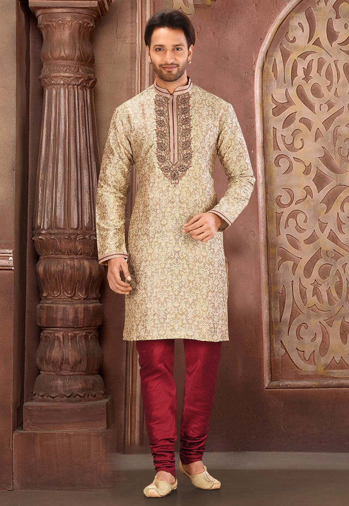 Designer Beige Kurta Pajama Set | Embroidered Art Silk Set for Men