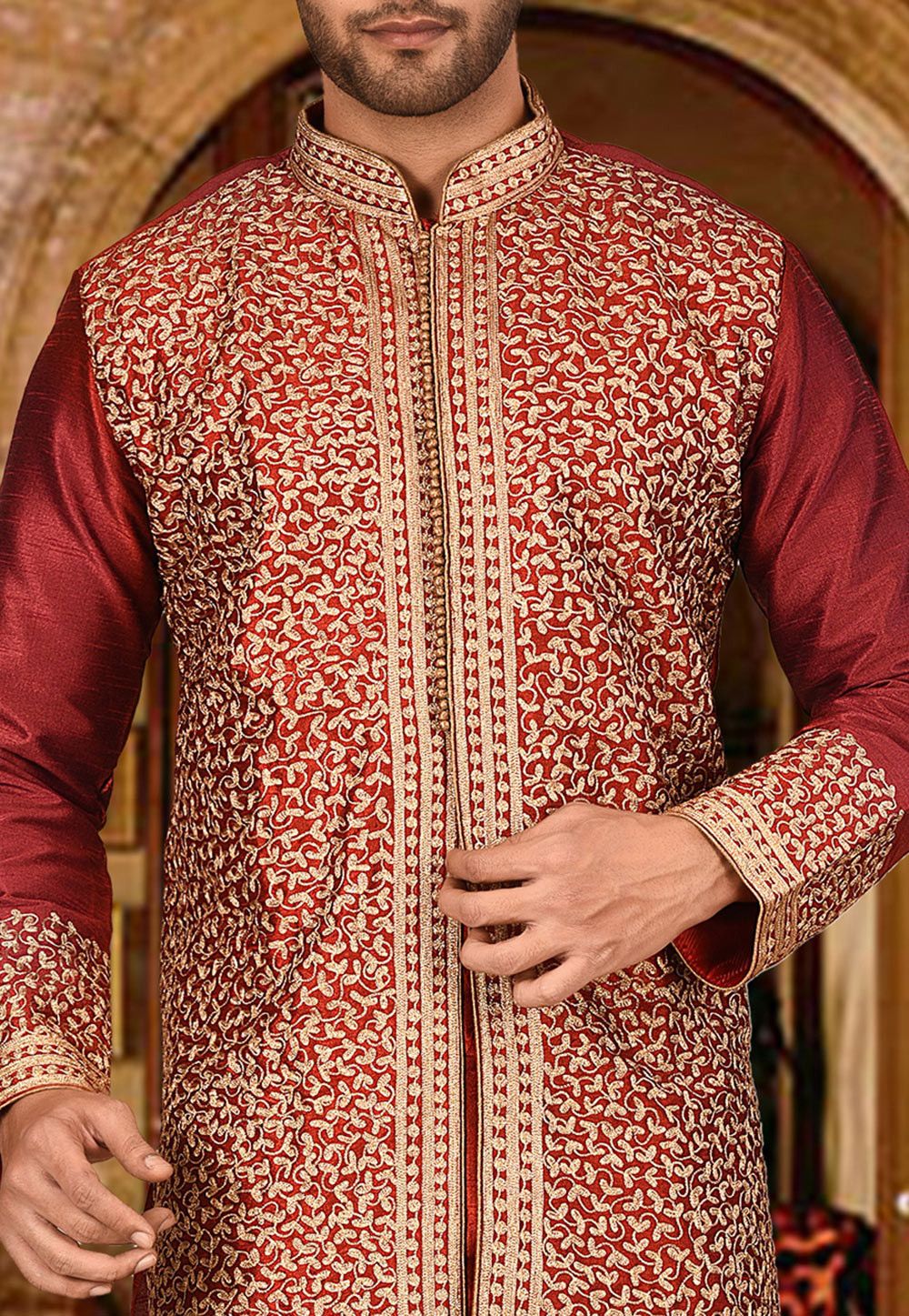 Red Dupion Silk Kurta Pajama | Heavy Embroidered Festive Wear