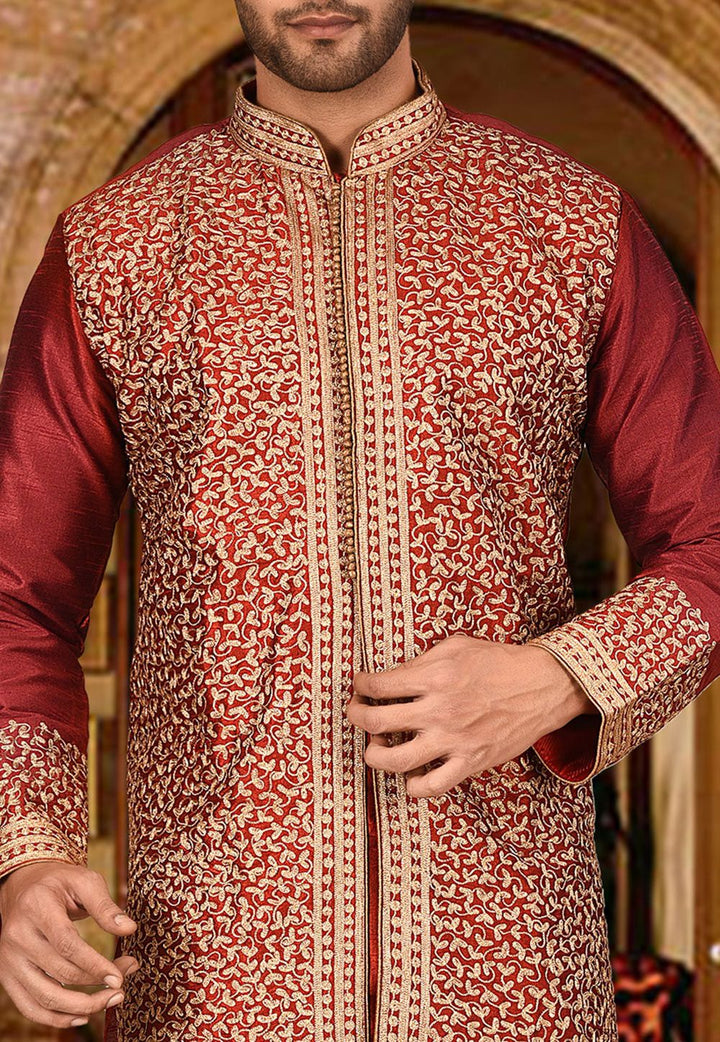 Red Dupion Silk Kurta Pajama | Heavy Embroidered Festive Wear