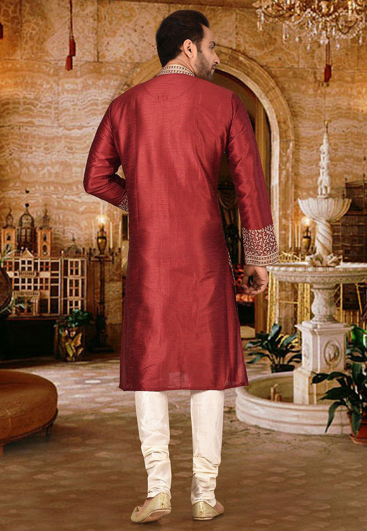 Red Dupion Silk Kurta Pajama | Heavy Embroidered Festive Wear