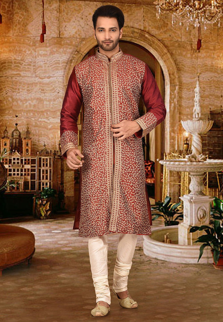 Red Dupion Silk Kurta Pajama | Heavy Embroidered Festive Wear